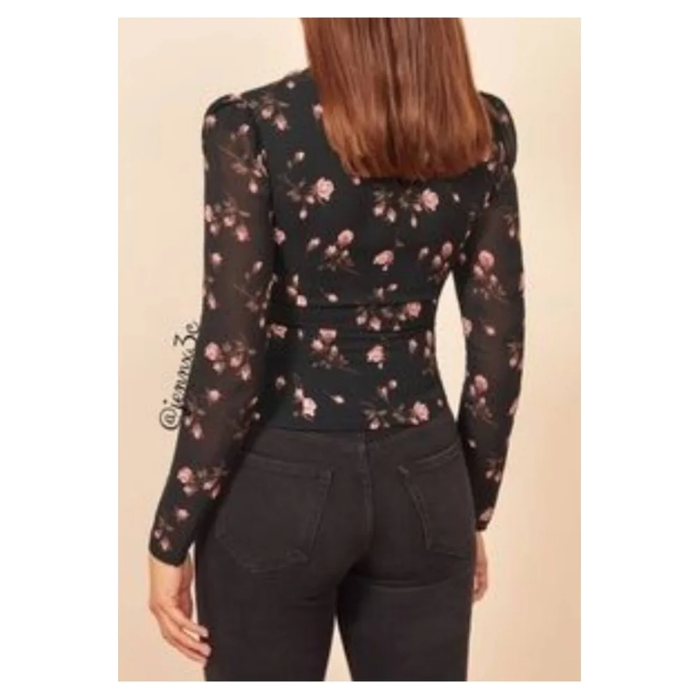 Reformation Black Floral Long-Sleeve Sweetheart Top - Picture 6 of 12